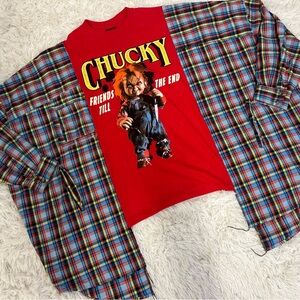 Red Chucky Graphic Tee with Plaid Shirt